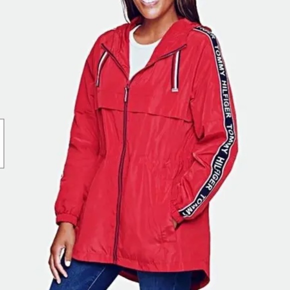 Tommy Hilfiger Windbreaker Long Jacket Logo Sleeve Red Size: LARGE NWOT - Picture 4 of 6